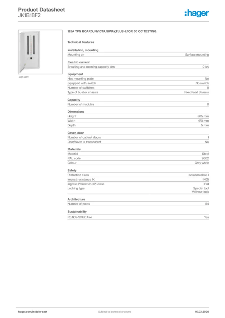 Image Hager Product data sheet JK1B18F2  | Hager