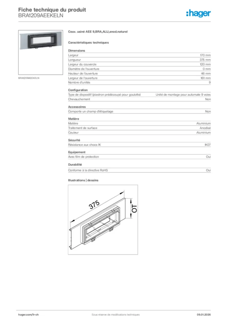 Image Hager Fiche technique du produit BRA1209AEEKELN | Hager Suisse