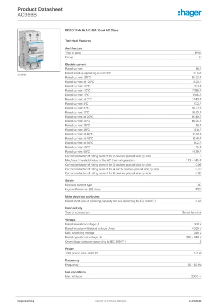 Image Hager Product data sheet AC966B  | Hager