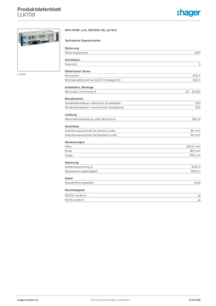 Bild Hager Produktdatenblatt LLK708 | Hager Schweiz