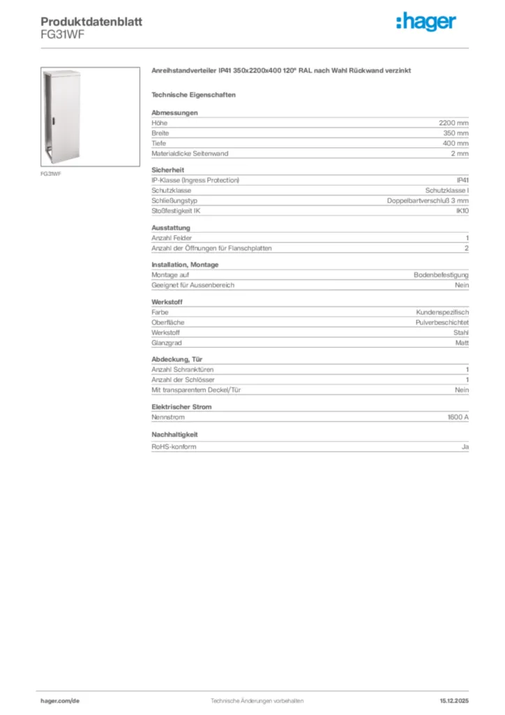 Bild Hager Produktdatenblatt FG31WF | Hager Deutschland