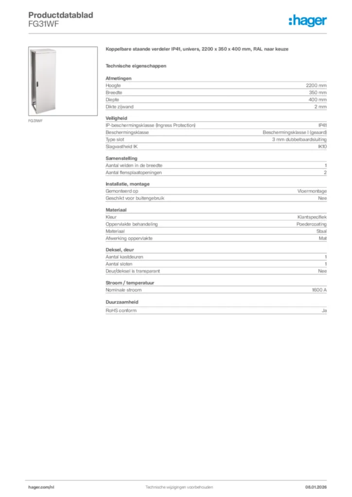Afbeelding Hager Productdatablad FG31WF | Hager Nederland