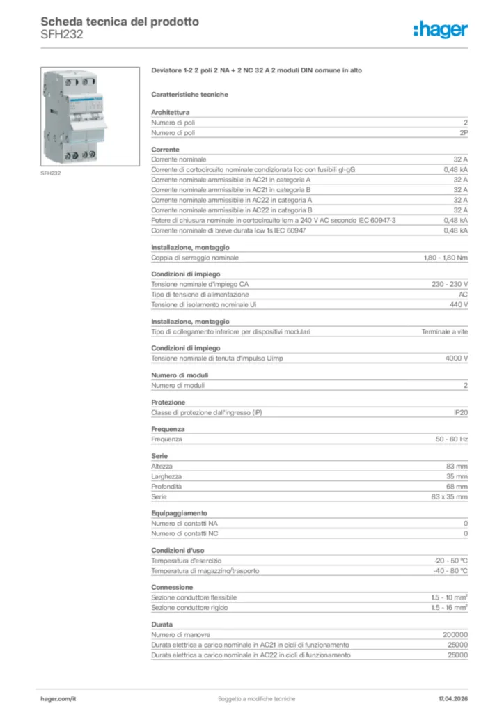 Immagine Hager Scheda tecnica del prodotto SFH232 | Hager Italia