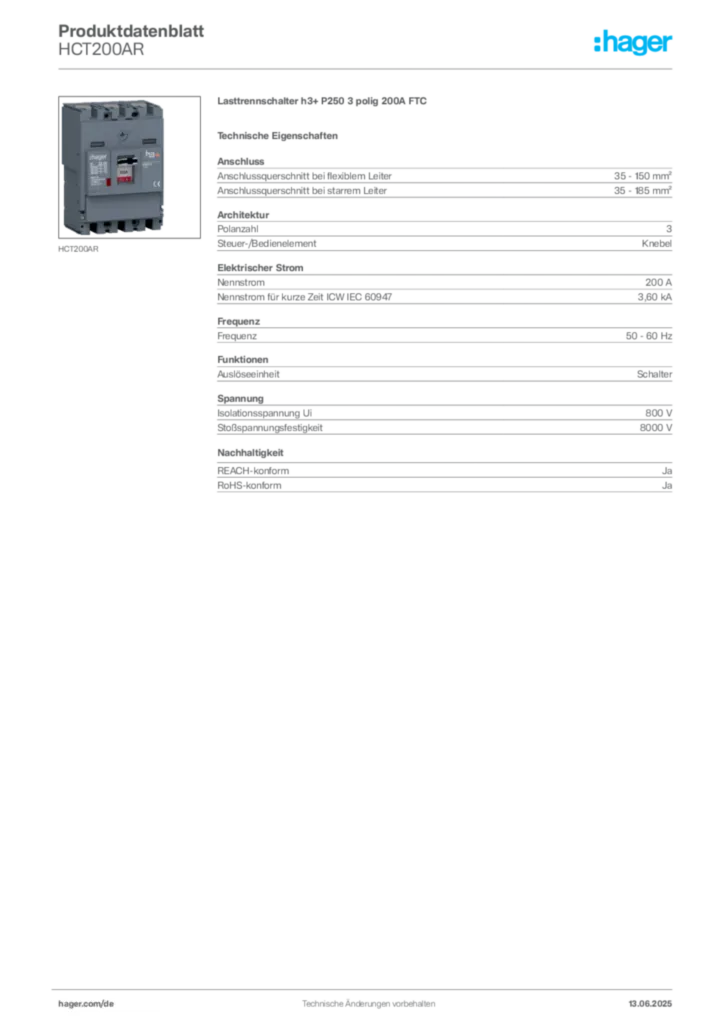 Hager Produktdatenblatt HCT200AR