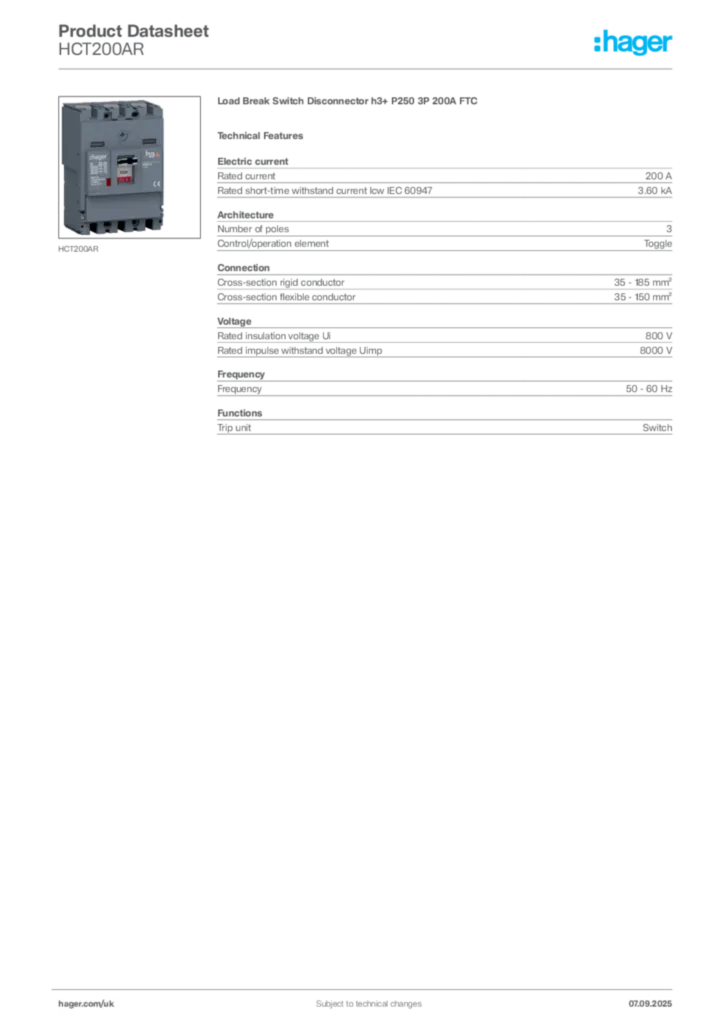 Image Hager Product data sheet HCT200AR  | Hager