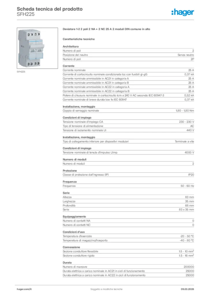Immagine Hager Scheda tecnica del prodotto SFH225 | Hager Italia