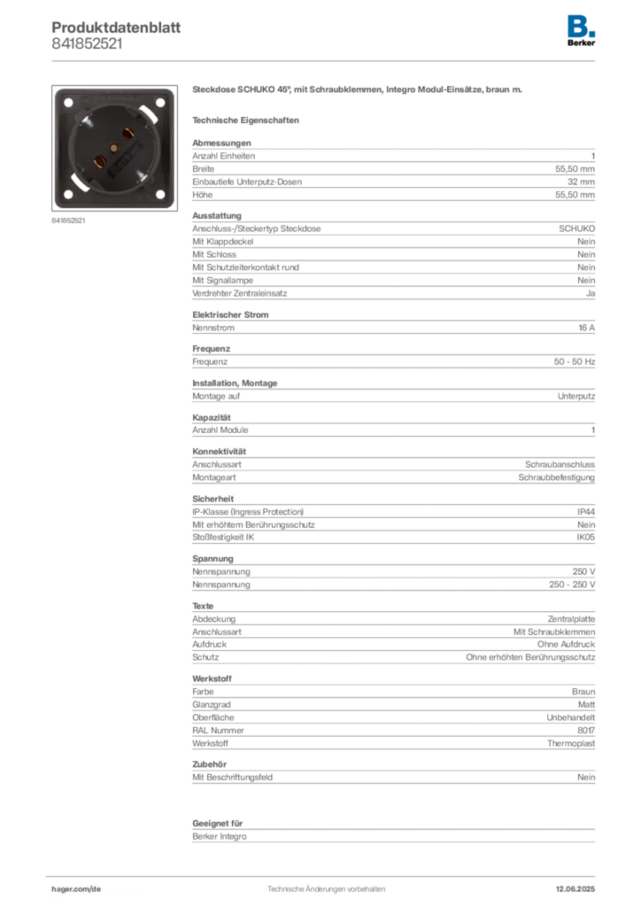 Bild Berker Produktdatenblatt 841852521 | Hager Deutschland
