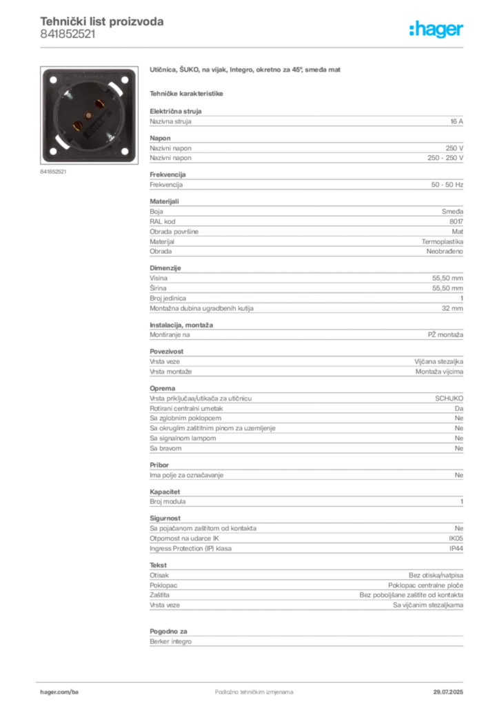 Slika Hager Product data sheet 841852521  | Hager