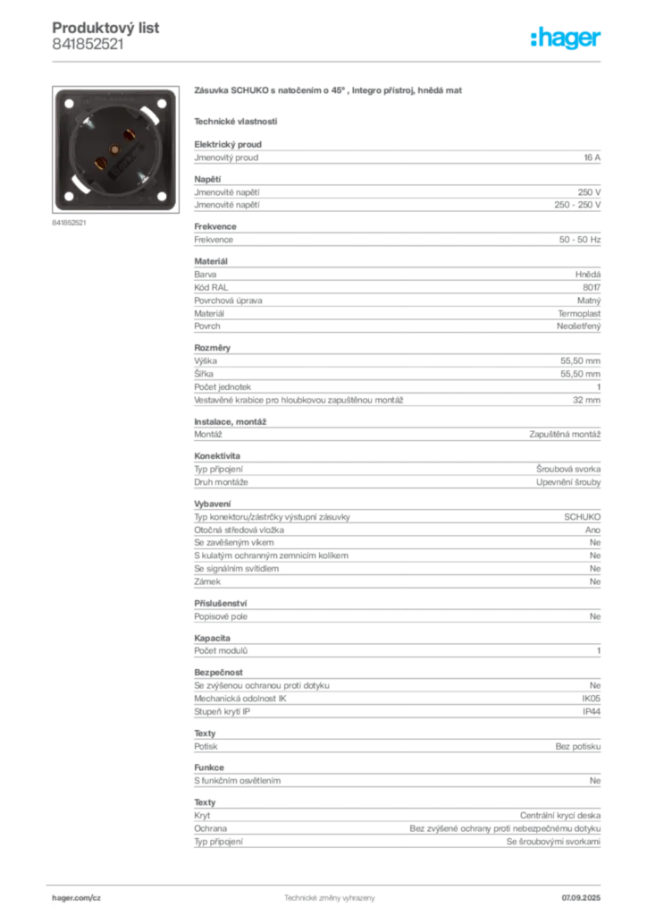 Obrázek Hager Produktový list 841852521 | Hager