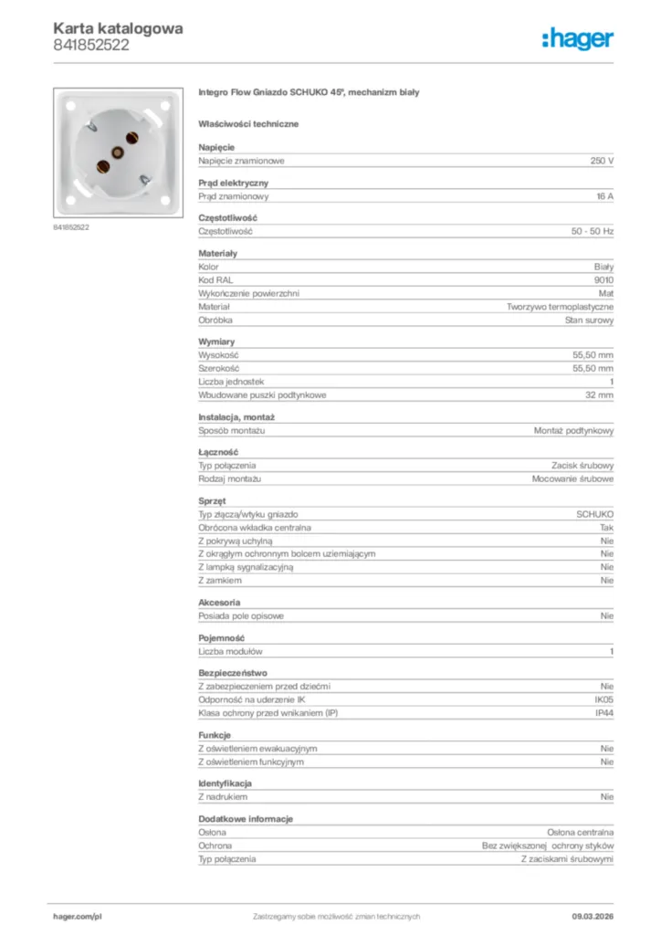 Zdjęcie Hager Karta katalogowa 841852522 | Hager Polska