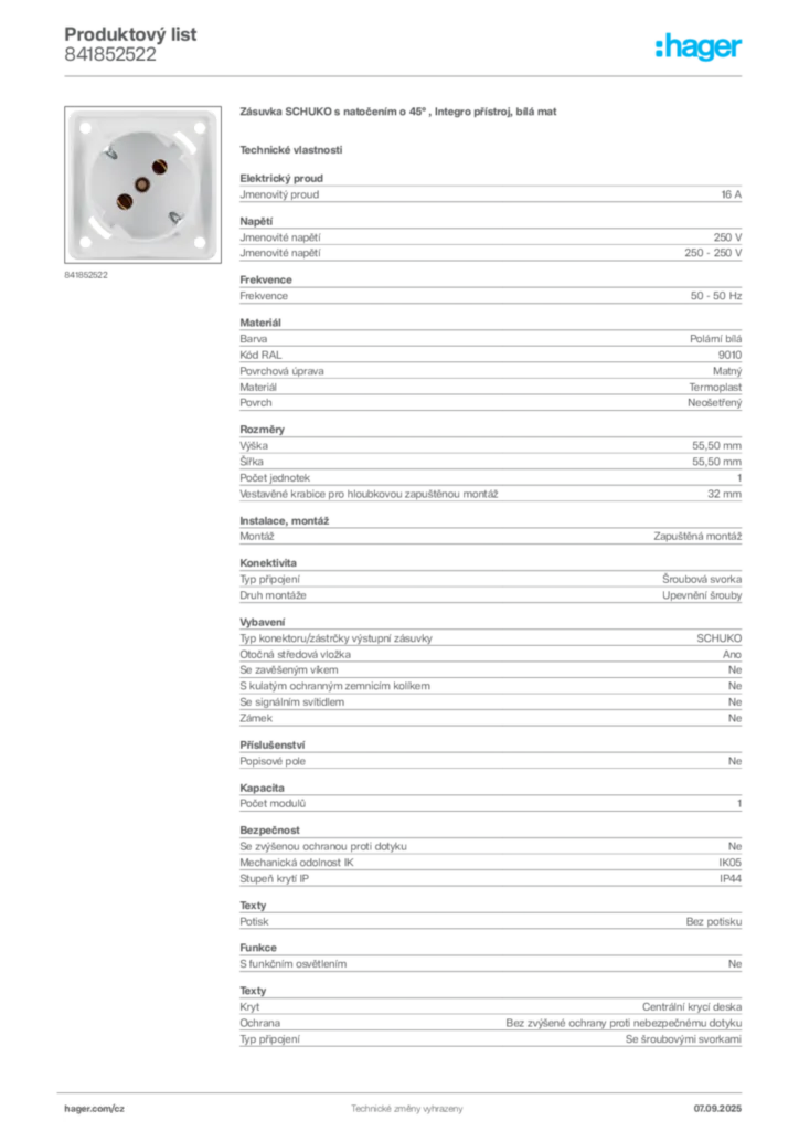 Obrázek Hager Produktový list 841852522 | Hager