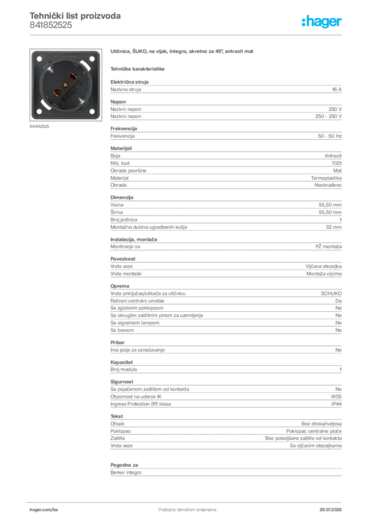 Slika Hager Product data sheet 841852525  | Hager
