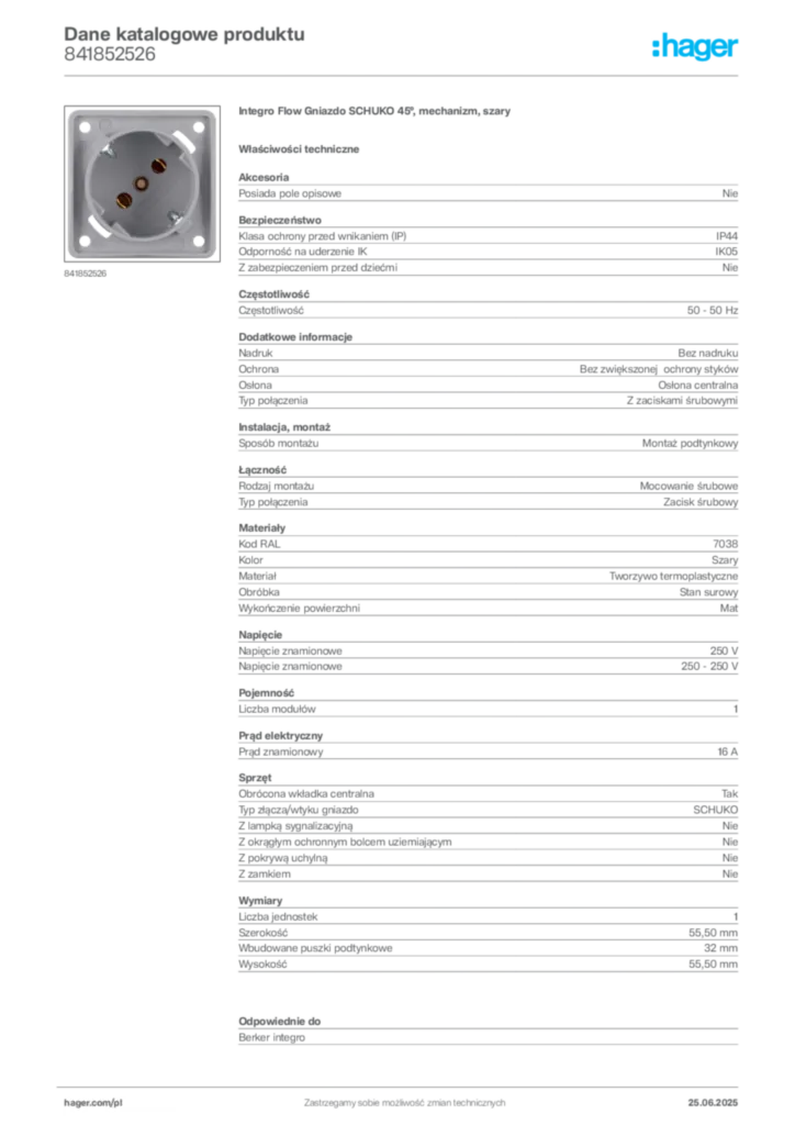 Zdjęcie Hager Karta katalogowa 841852526 | Hager Polska