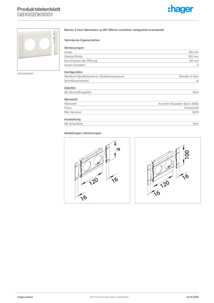 Bild Hager Produktdatenblatt GB10020K9001 | Hager Deutschland