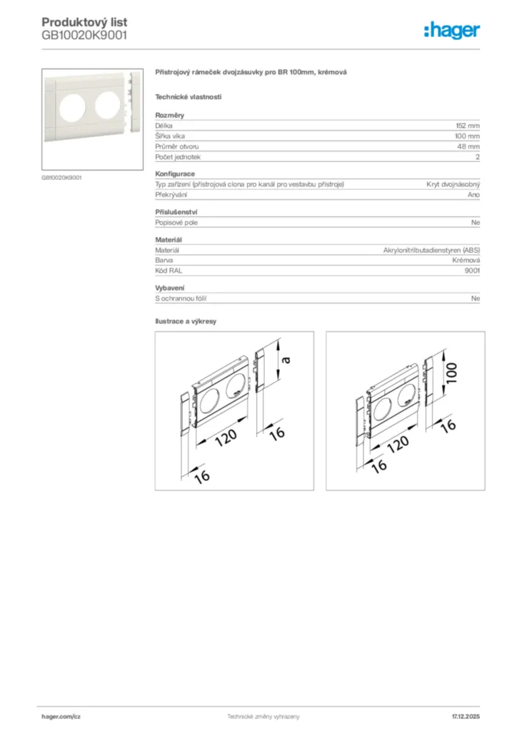 Obrázek Hager Produktový list GB10020K9001 | Hager