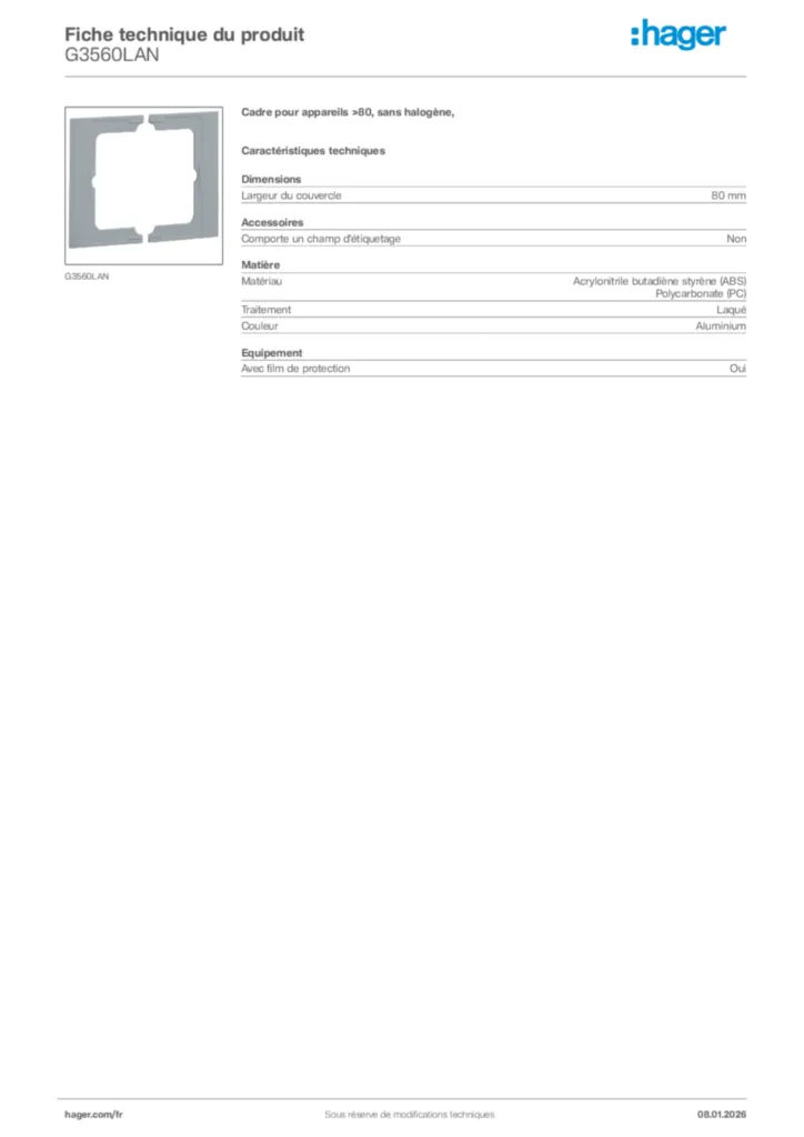 Image Hager Fiche technique du produit G3560LAN | Hager France