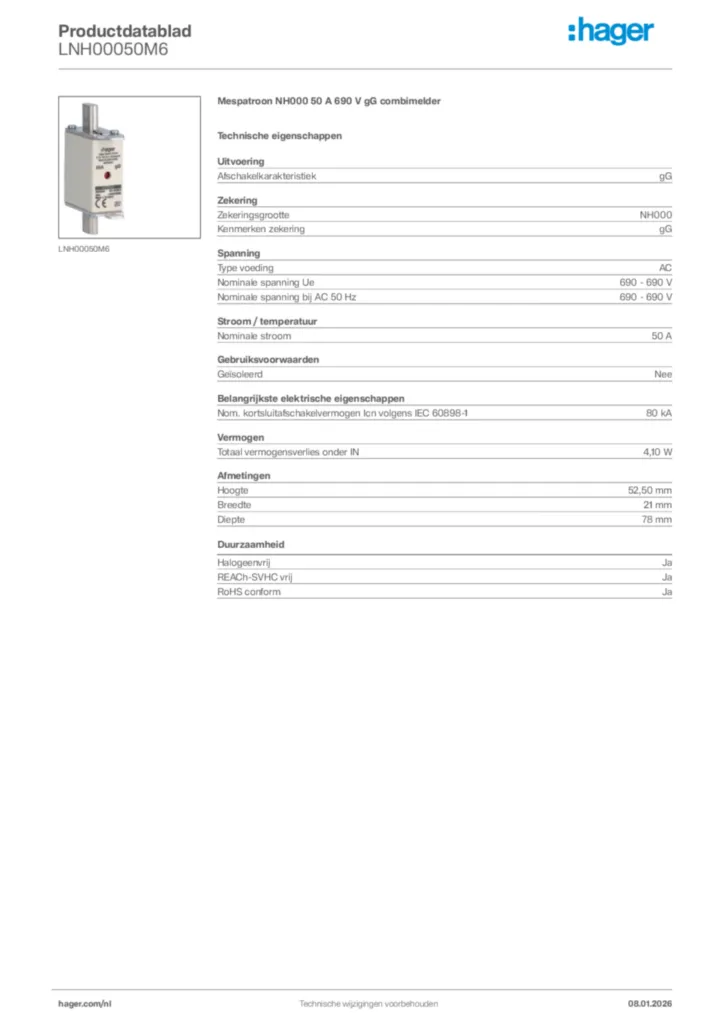 Afbeelding Hager Productdatablad LNH00050M6 | Hager Nederland