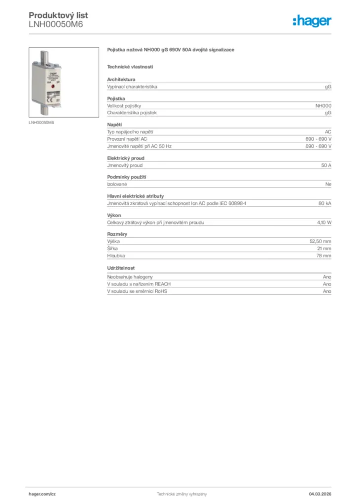 Obrázek Hager Product data sheet LNH00050M6 | Hager