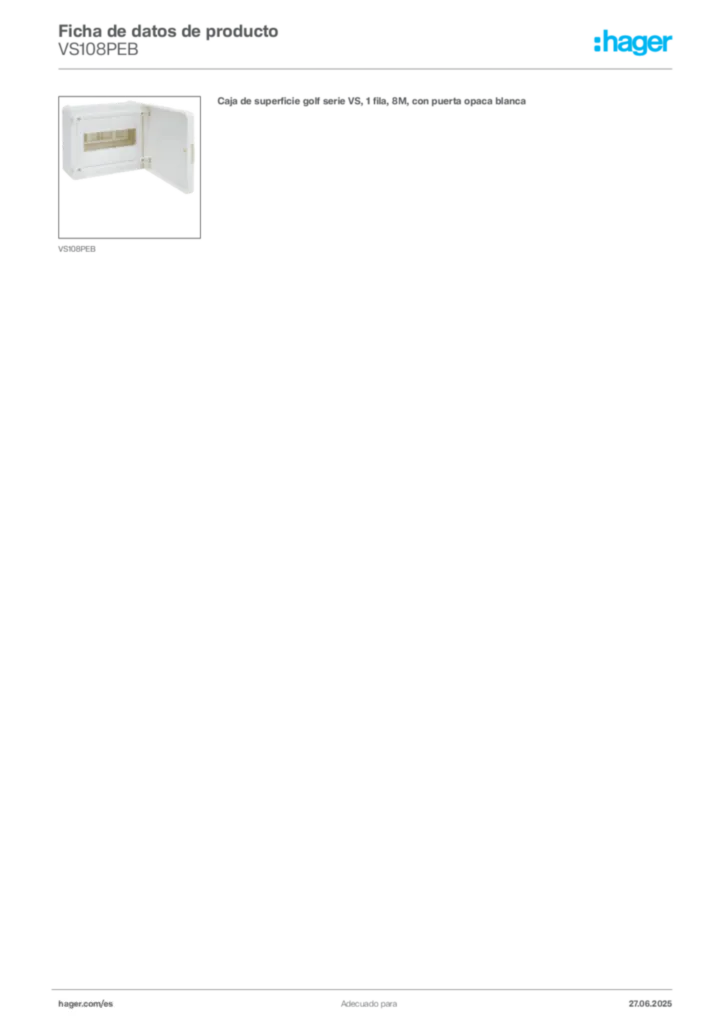 Imagen Hager Ficha de datos de producto VS108PEB | Hager España