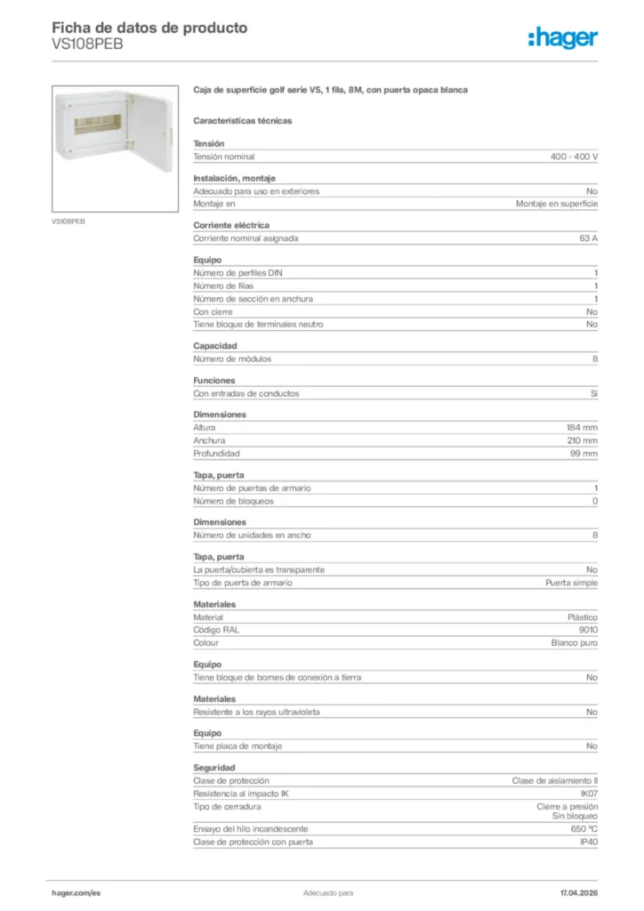 Imagen Hager Ficha de datos de producto VS108PEB | Hager España