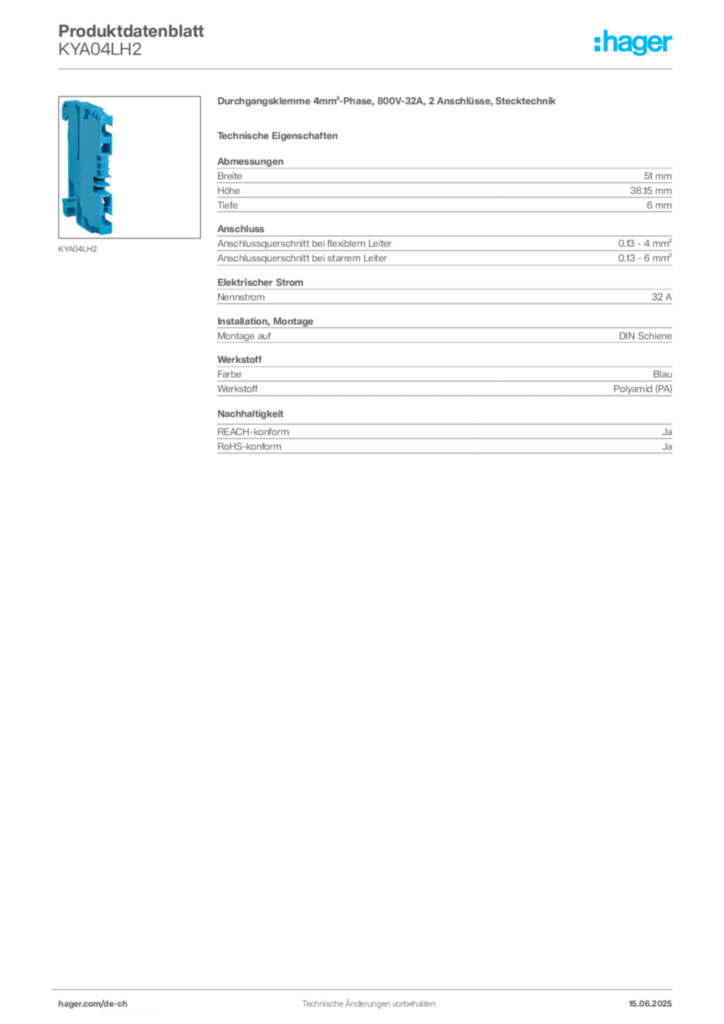 Bild Hager Produktdatenblatt KYA04LH2 | Hager Schweiz
