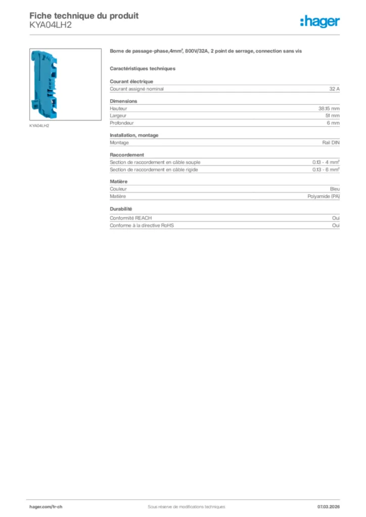 Image Hager Fiche technique du produit KYA04LH2 | Hager Suisse