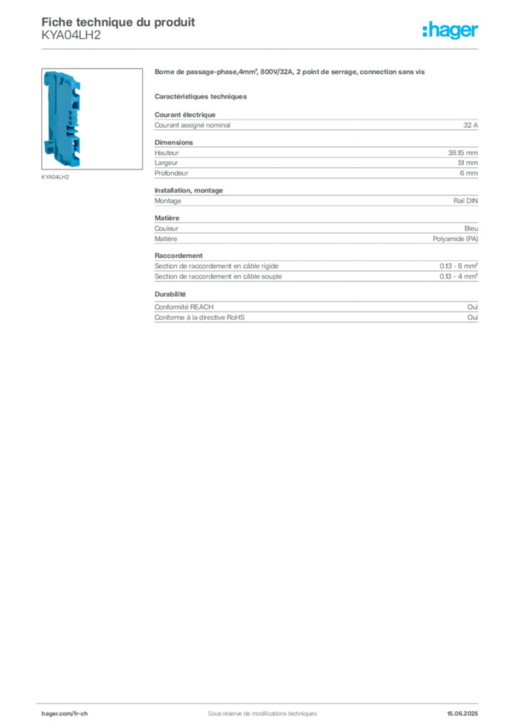 Image Hager Fiche technique du produit KYA04LH2 | Hager Suisse