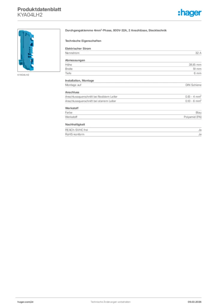 Bild Hager Produktdatenblatt KYA04LH2 | Hager Deutschland