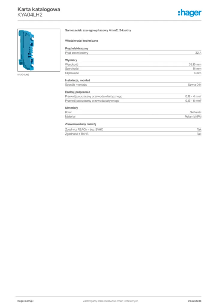 Zdjęcie Hager Karta katalogowa KYA04LH2 | Hager Polska