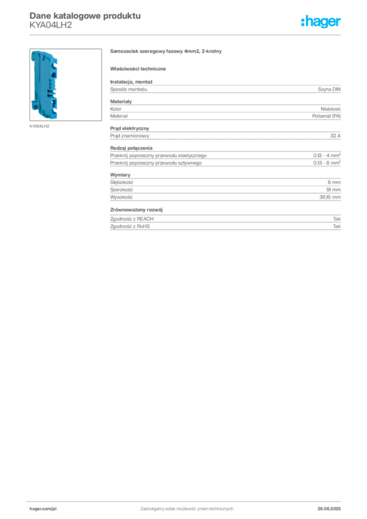 Zdjęcie Hager Karta katalogowa KYA04LH2 | Hager Polska