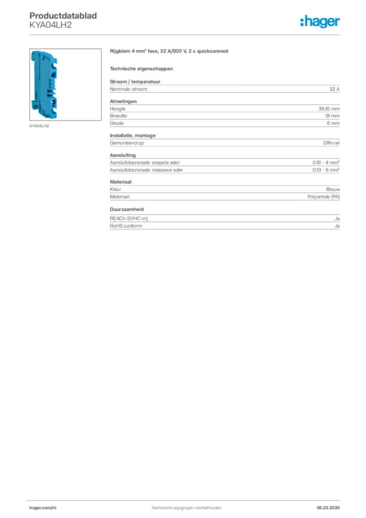 Afbeelding Hager Productdatablad KYA04LH2 | Hager Nederland