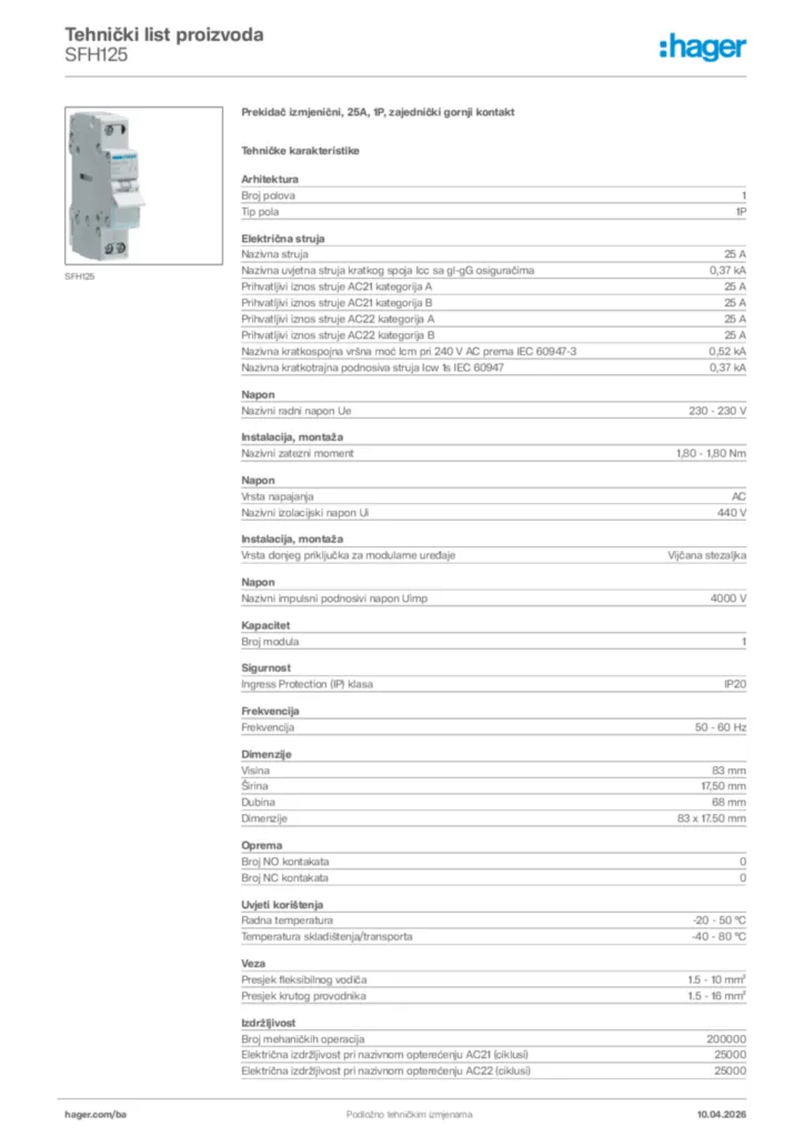 Slika Hager Tehnički list proizvoda SFH125  | Hager
