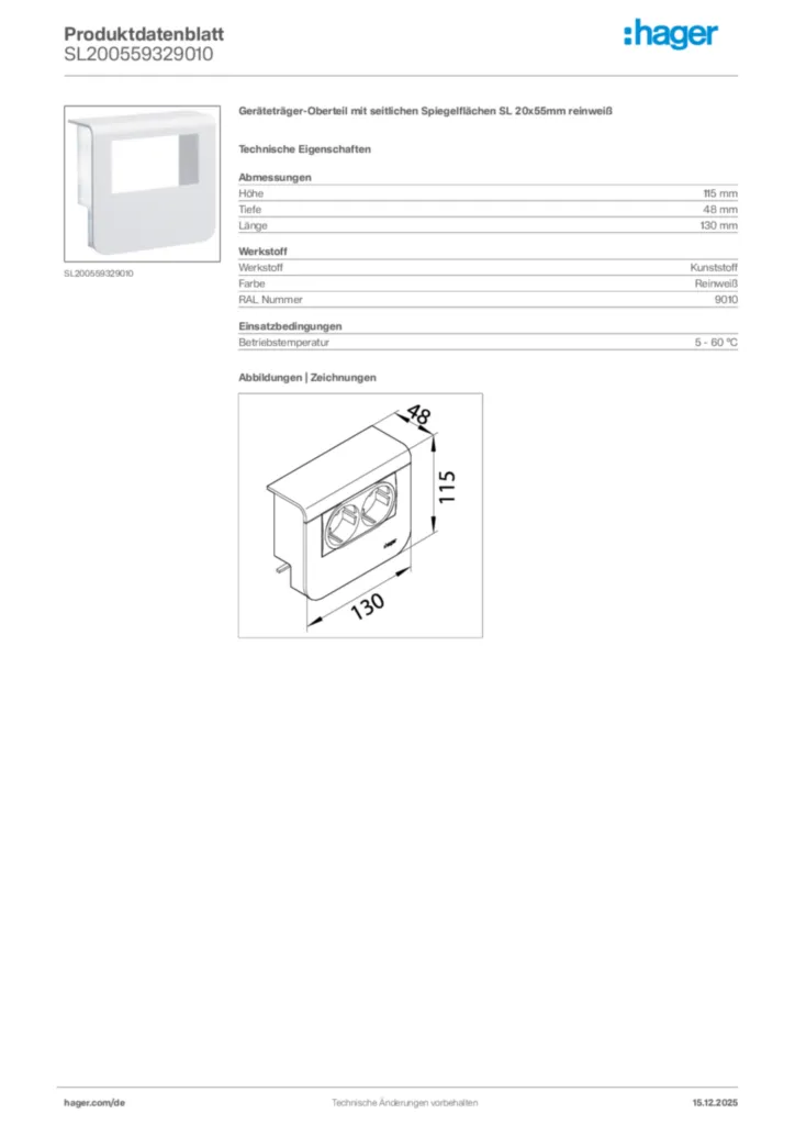 Bild Hager Produktdatenblatt SL200559329010 | Hager Deutschland