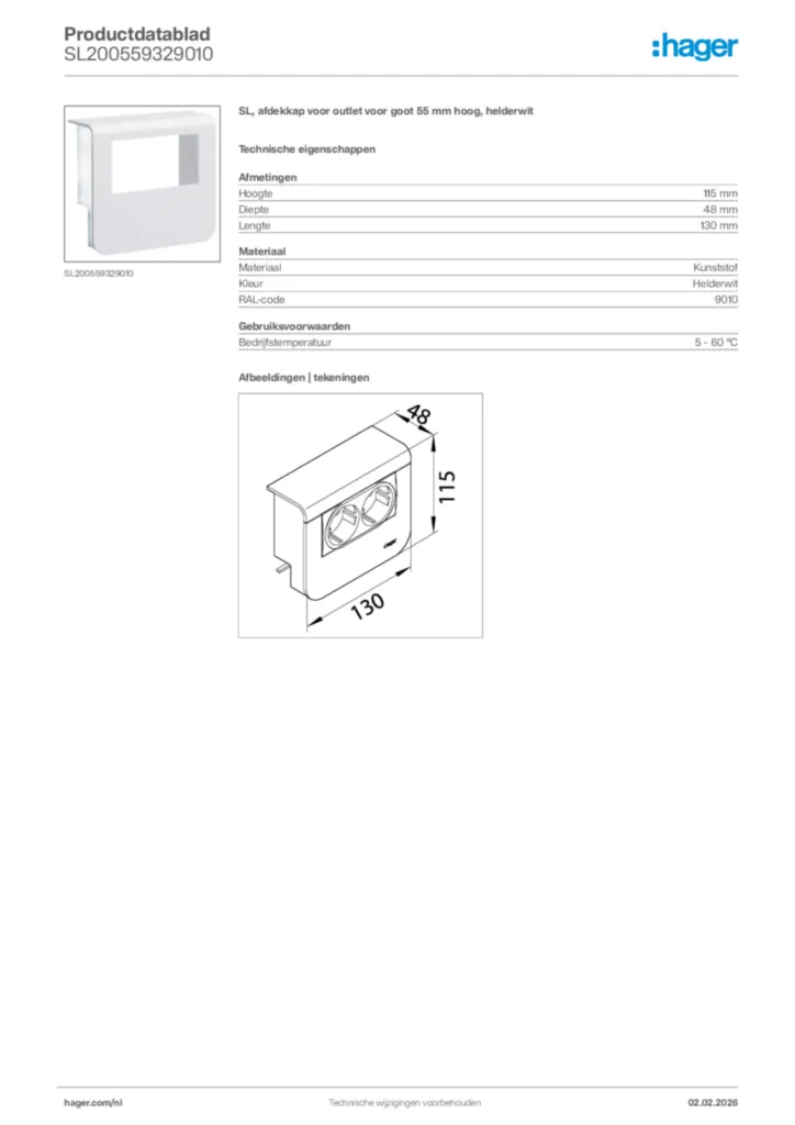 Afbeelding Hager Productdatablad SL200559329010 | Hager Nederland