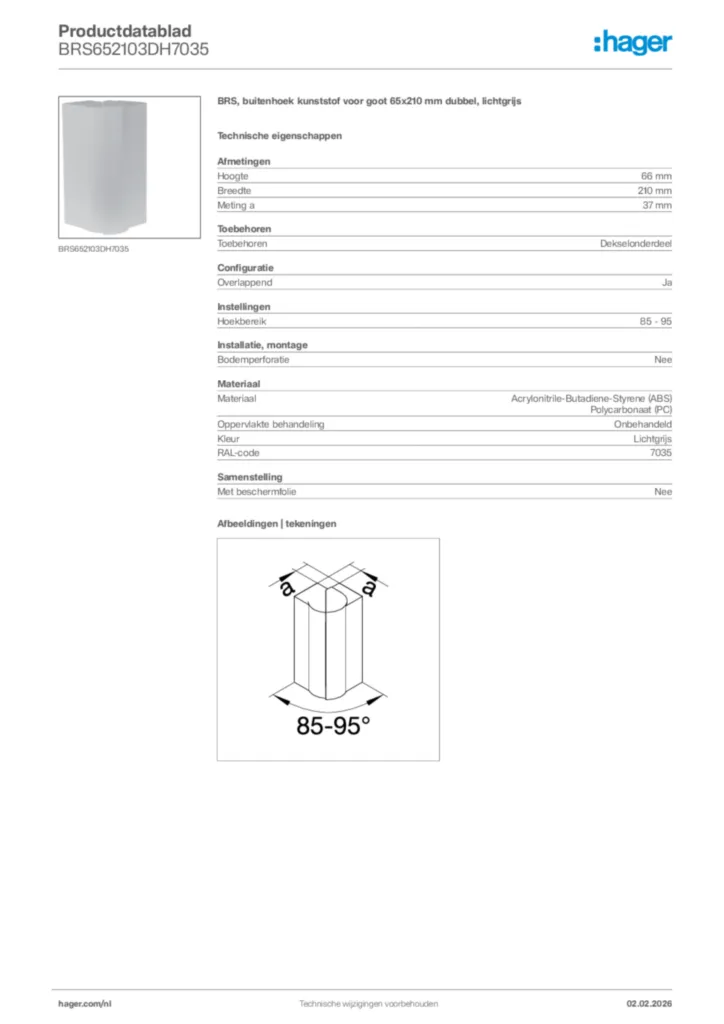 Afbeelding Hager Productdatablad BRS652103DH7035 | Hager Nederland