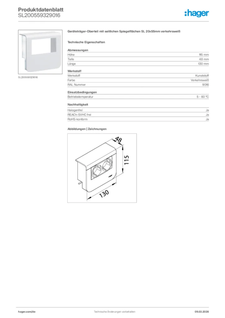 Bild Hager Produktdatenblatt SL200559329016 | Hager Deutschland