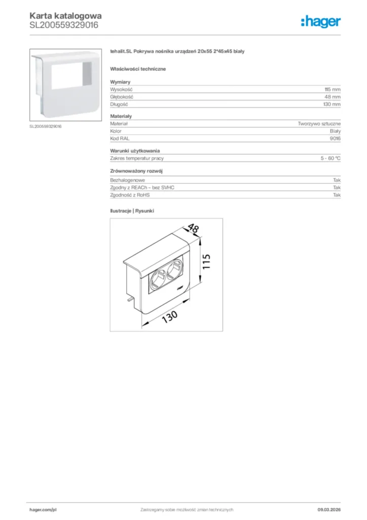 Zdjęcie Hager Karta katalogowa SL200559329016 | Hager Polska
