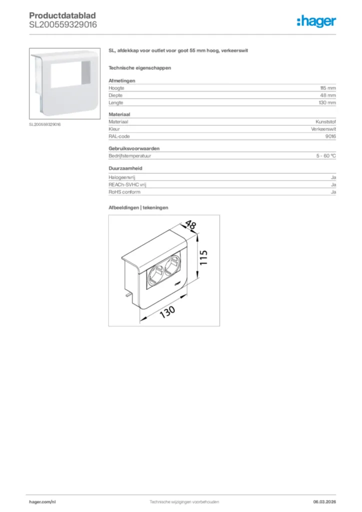 Afbeelding Hager Productdatablad SL200559329016 | Hager Nederland