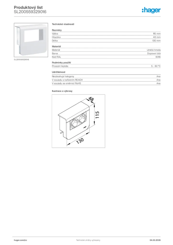 Obrázek Hager Product data sheet SL200559329016 | Hager