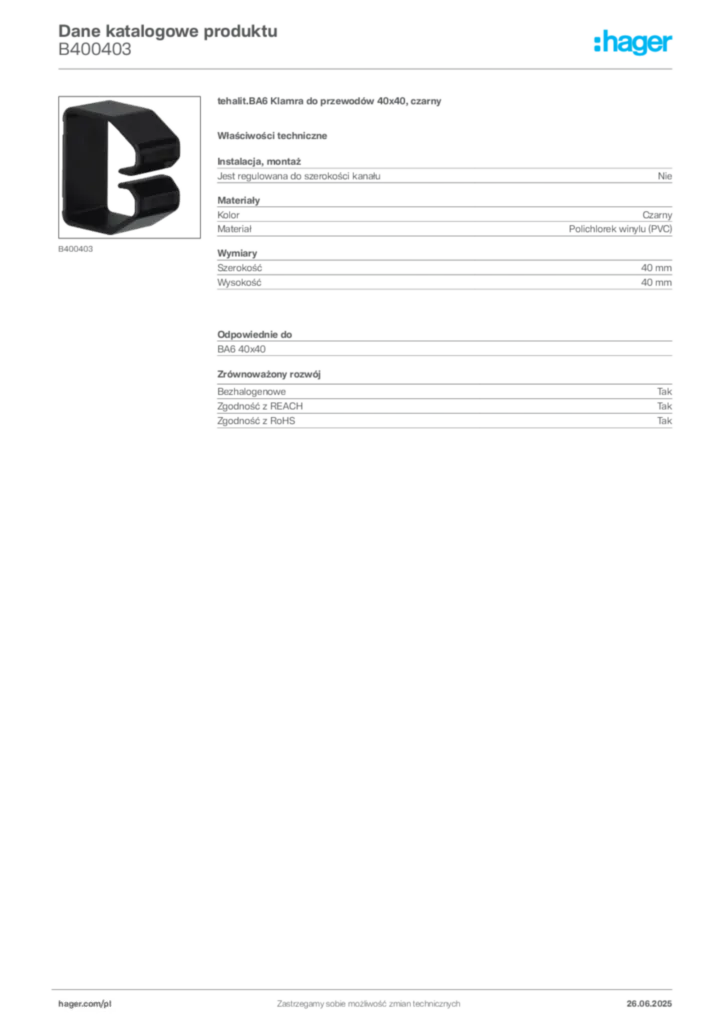 Zdjęcie Hager Karta katalogowa B400403 | Hager Polska