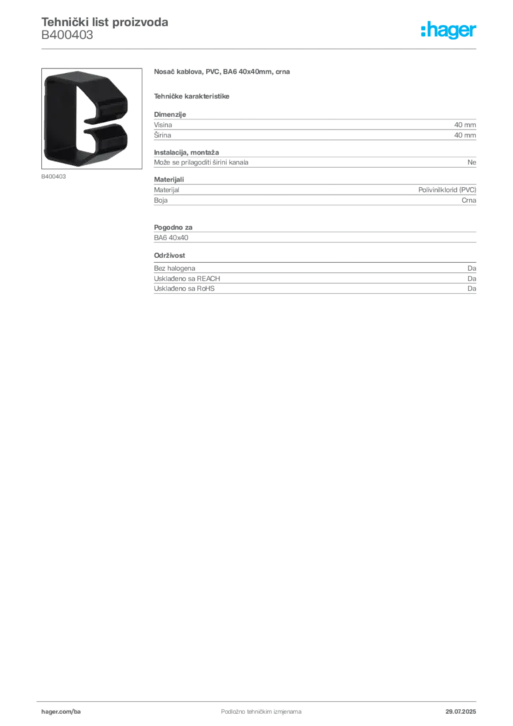 Slika Hager Product data sheet B400403  | Hager