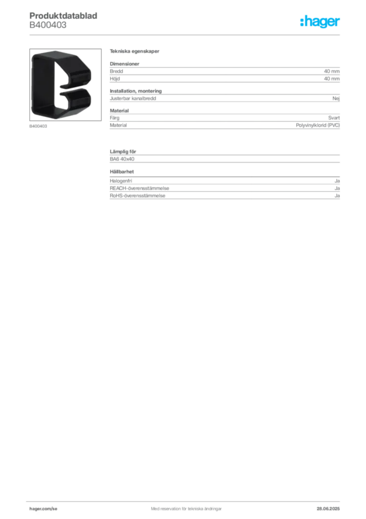 Bild Hager Produktdatablad B400403 | Hager Sverige