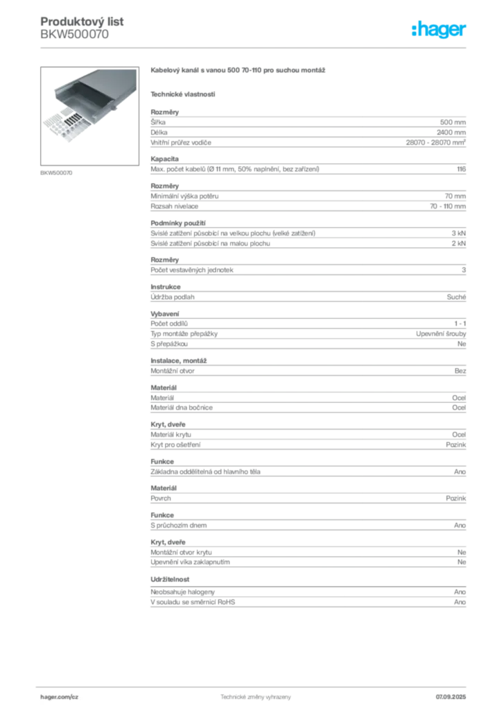 Obrázek Hager Produktový list BKW500070 | Hager
