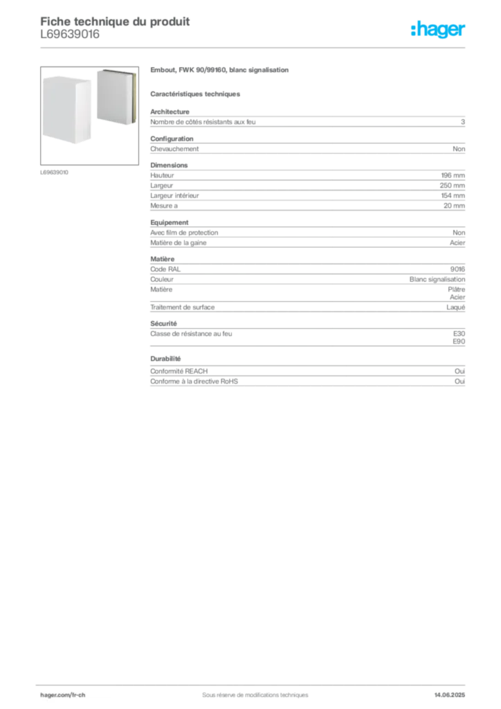 Image Hager Fiche technique du produit L69639016 | Hager Suisse