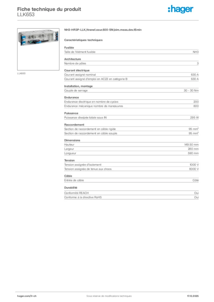 Image Hager Fiche technique du produit LLK653 | Hager Suisse