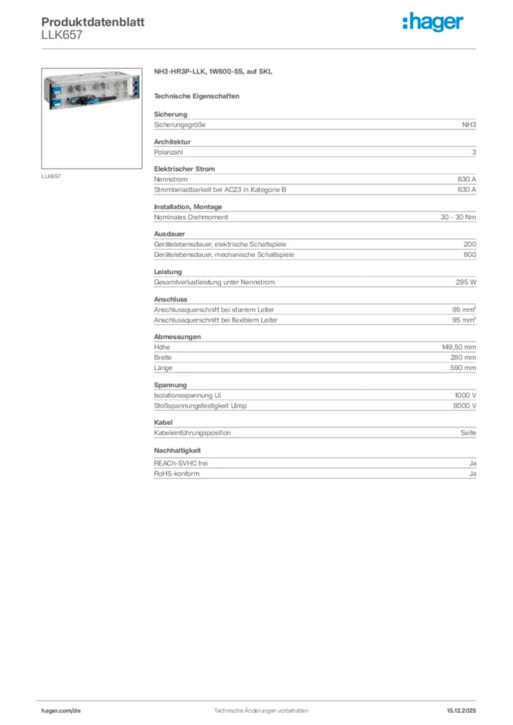 Bild Hager Produktdatenblatt LLK657 | Hager Deutschland