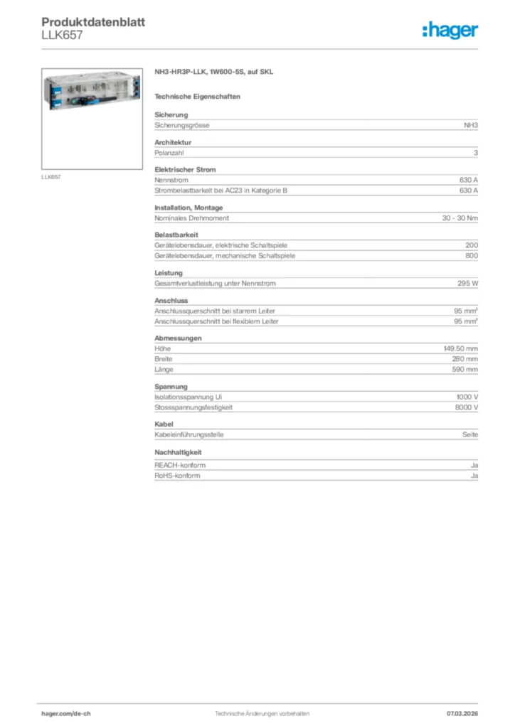 Bild Hager Produktdatenblatt LLK657 | Hager Schweiz