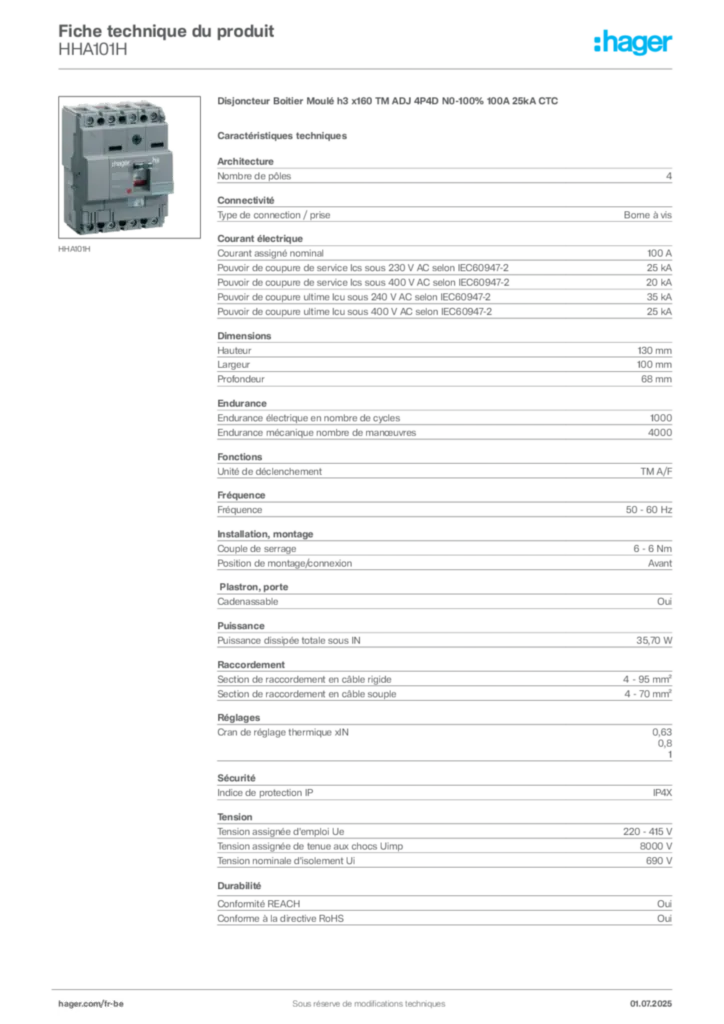 Image Hager Fiche technique du produit HHA101H | Hager Belgique