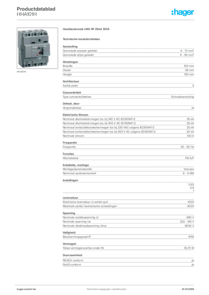 Afbeelding Hager Productdatablad HHA101H | Hager Belgium