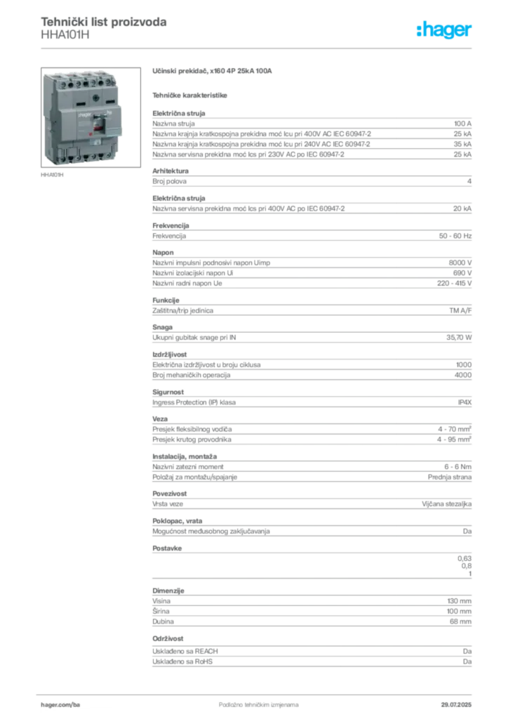 Slika Hager Product data sheet HHA101H  | Hager